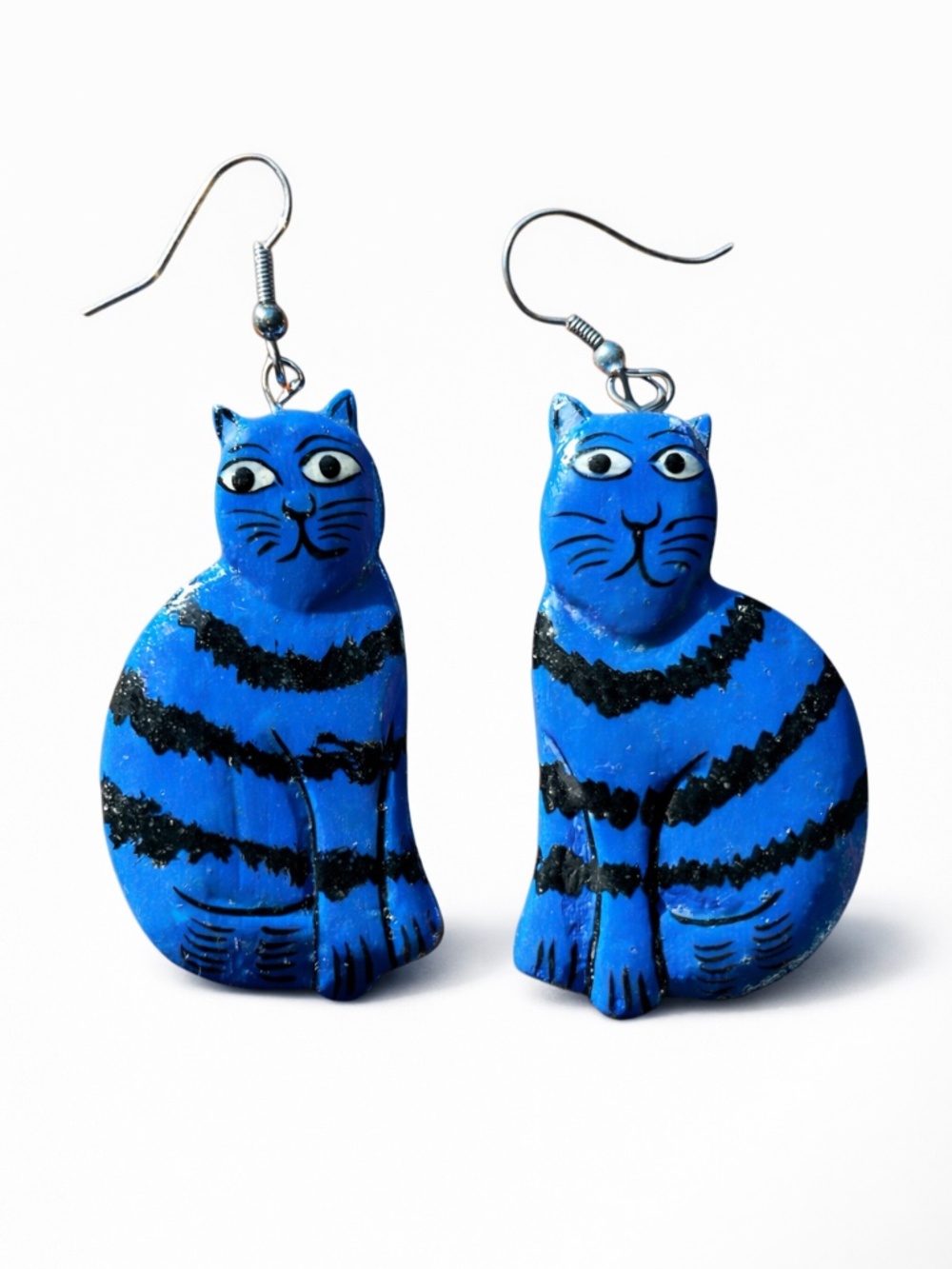 Vintage Hand Painted Blue Cat Dangle Earrings 90s Whimsical Folk Art Kitsch